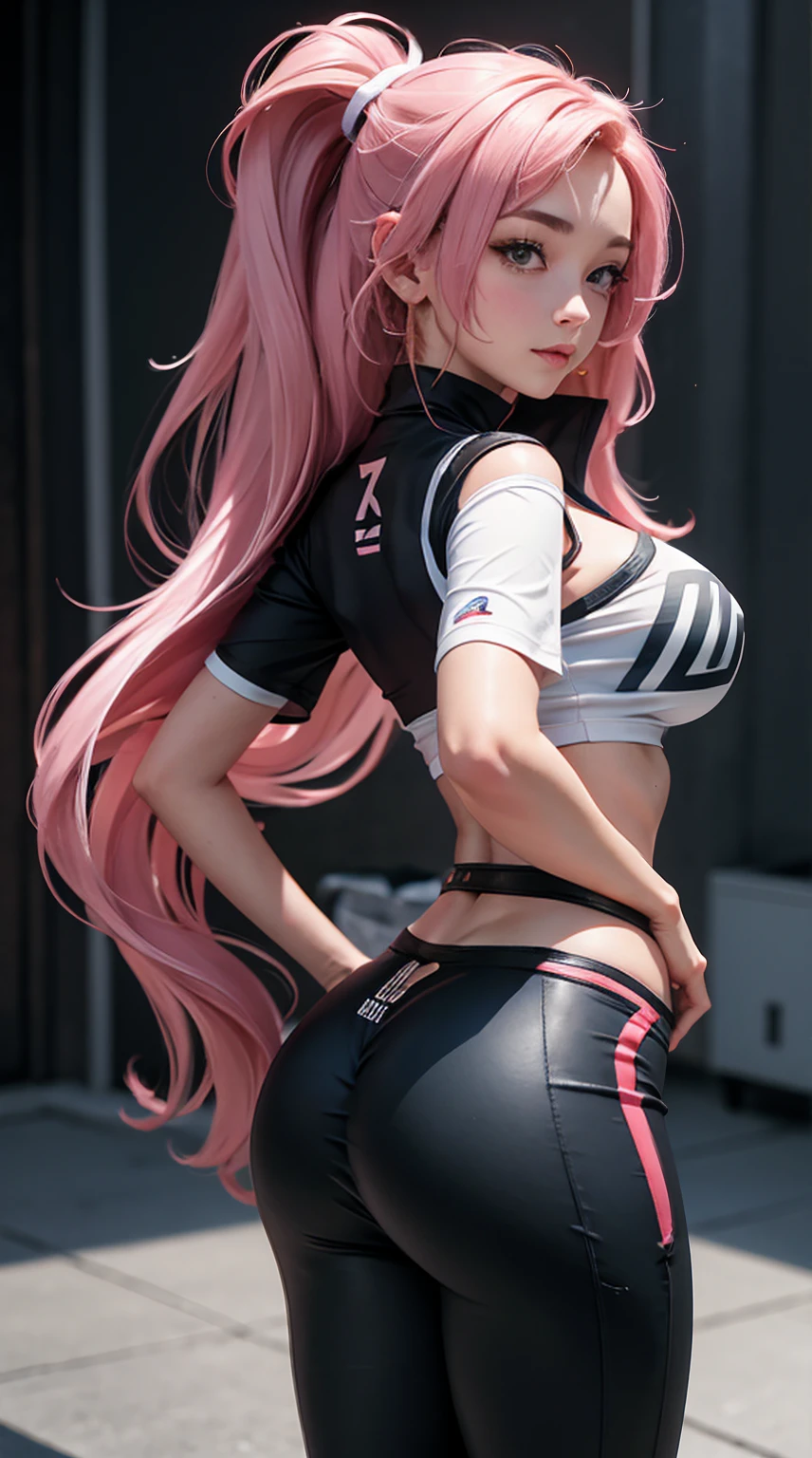 realistic, girl,flat chest,Slender,long hair,,multicolored hair, two-tone hair, split-color hair,prison, bike shorts, crop top