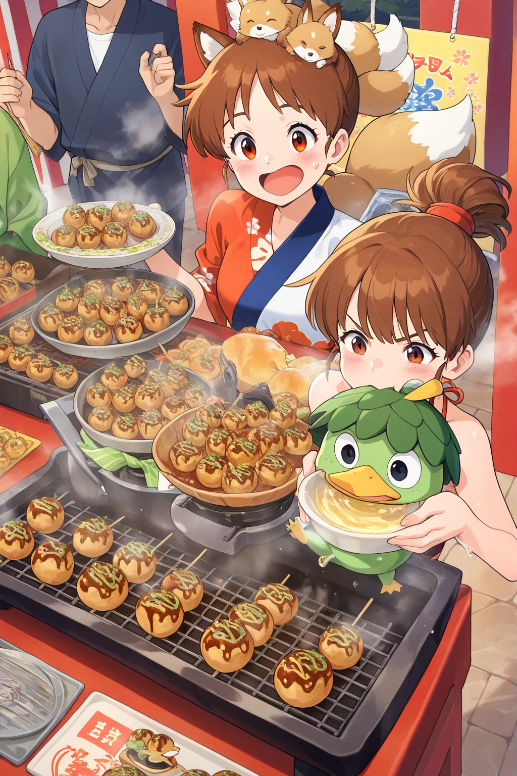 Close-up of a statue of a family eating sushi, Japanese cartoon style, Various sushi,sashimi,