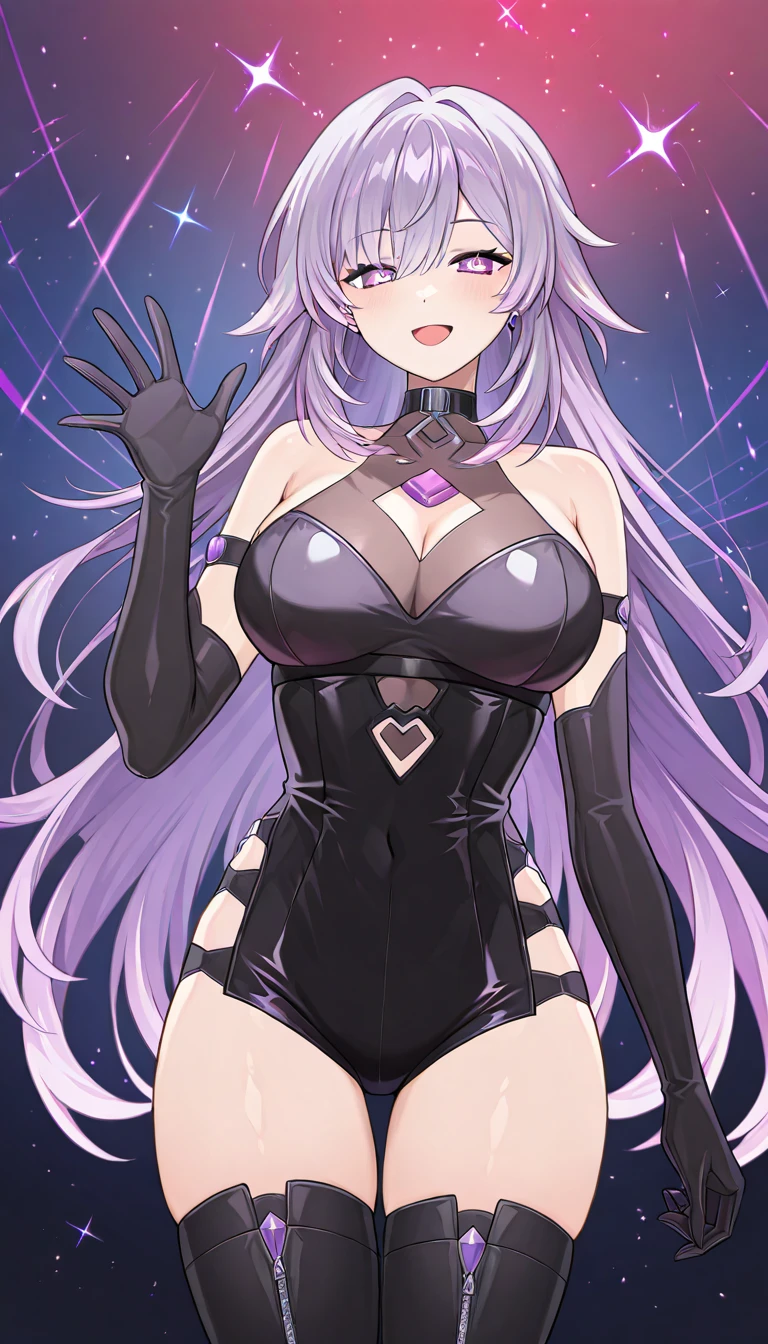 Fantasmatica waifu, big bust, white dress with semi transparent lines, purple eyes, long white hair, black lipstick, black stockings, big thighs, crossed legs (Eachtrix)(HD) rostro bien definido