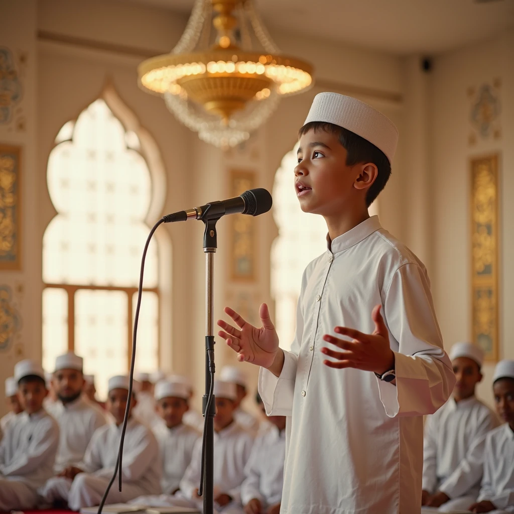 "An image of a boy singing on stage, wearing an abaya and turban, with a microphone in hand. In front of him, a group of boys, all dressed in abayas and turbans, sit attentively, capturing the entire scene in one shot."
Make image more professional