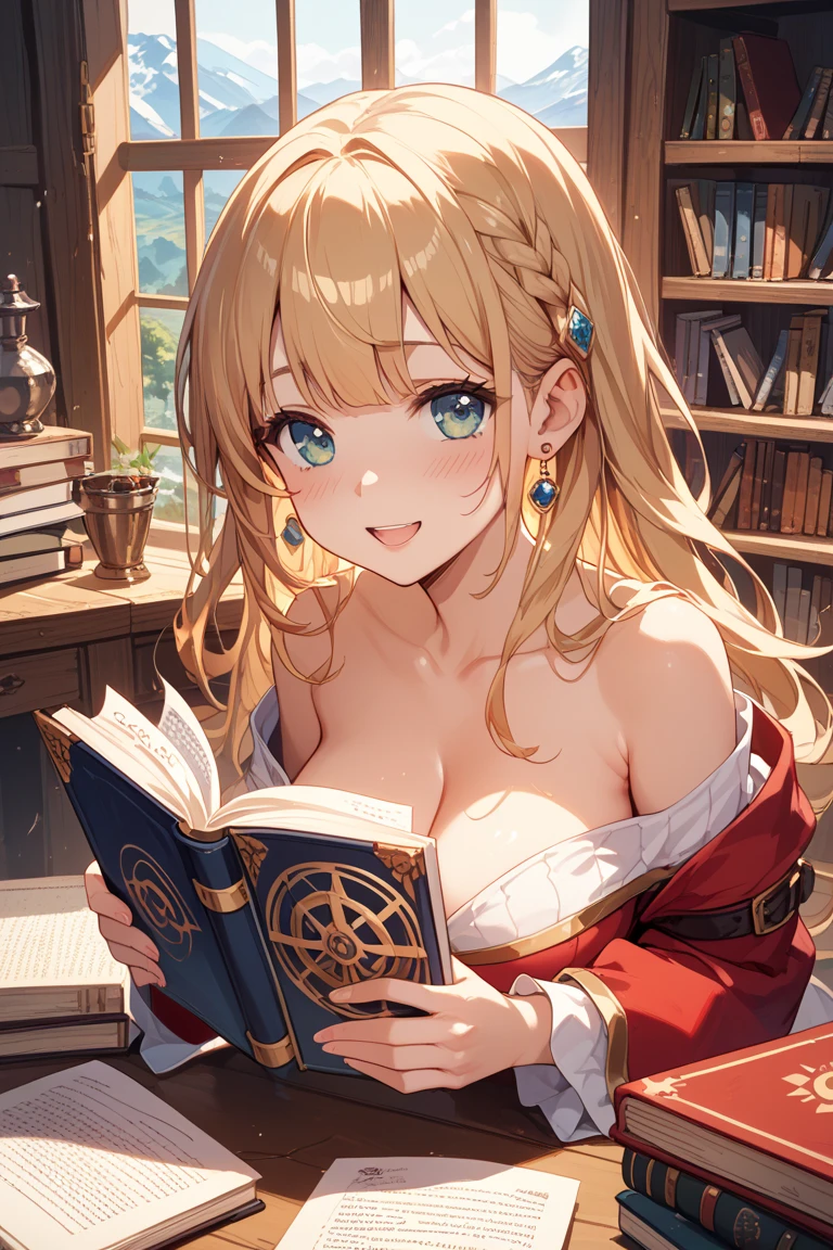 Tabletop, highest quality,figure, wallpaper, Super detailed, Absurd beauty、((1 beautiful girl、16 years old))、(Blonde、Long Hair、Braided hair、Wavy Hair、profile、sitting in a chair reading a book、Ample breasts、Showing cleavage)、My Room、Casual attire、Summer clothes、Loungewear、evening、Backlight