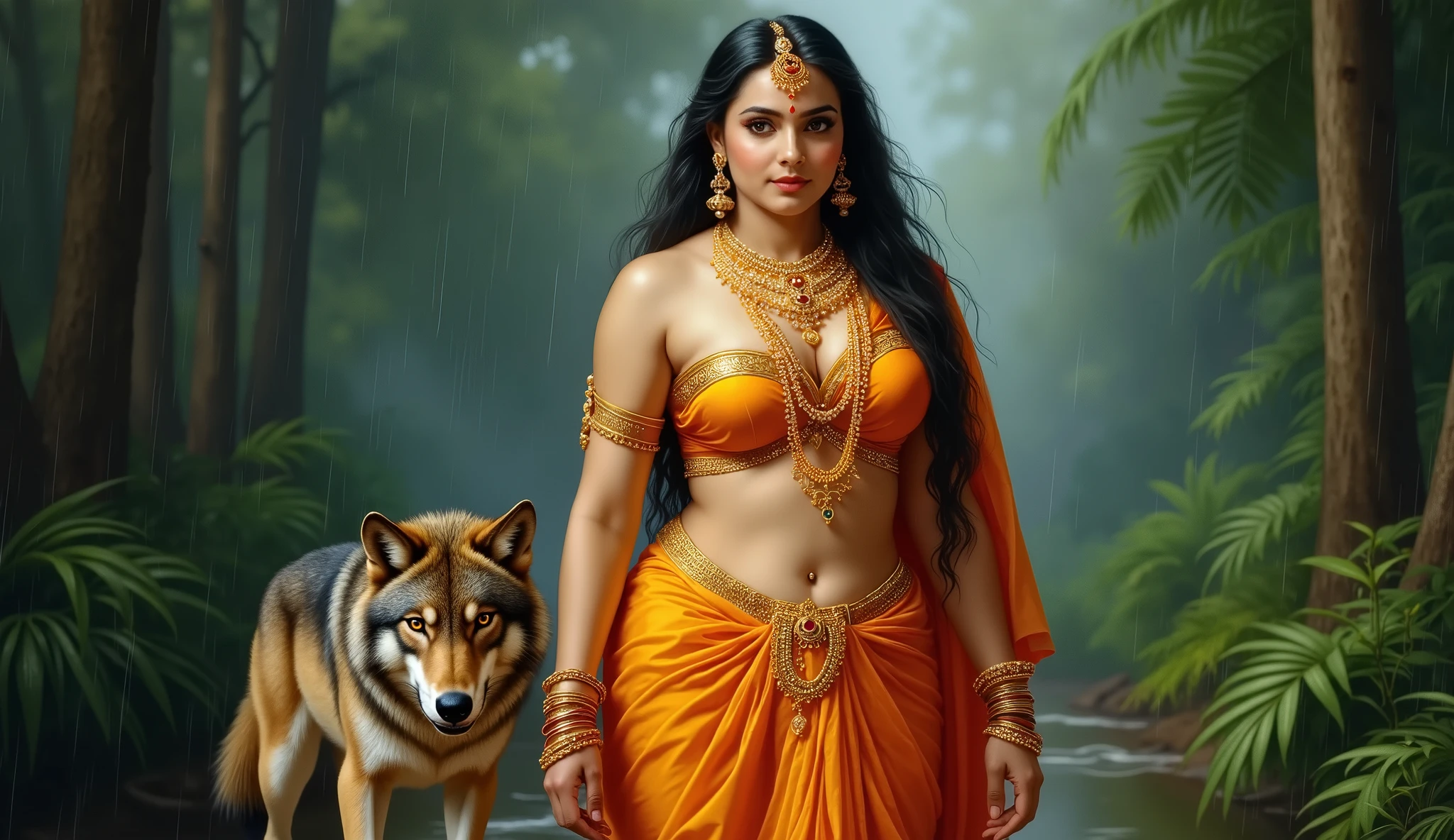 Realistic photo of Indian busty female aged 26 with perfect curvy body and fair white skin tone in bidazzeled orange wet saree and a sexy sleevless wet bouse, beautiful ornaments on her neck and hands, Realistic Showing huge cleavage and showing her navel ,colorful In Dimond ornaments. Full size photo, Realistic photo, Seductive pose, walking in the scary rainy forest in the thunder storm and a big wolf standing next to her