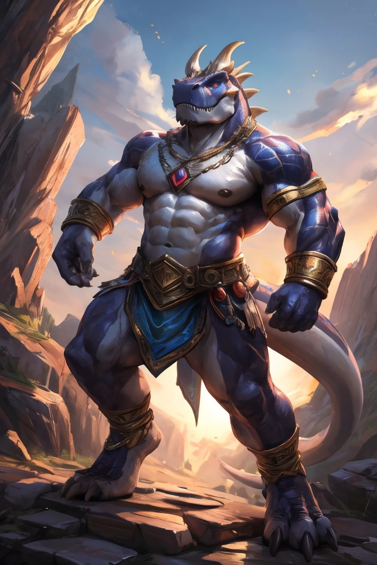 uploaded on e621, (male anthro dragon), standing, solo, muscle, detailed scale texture, old castle, (battlefield), (tribal clothing, ((long loincloth))), (shoulder armor, leg armor), blue body, white belly, dawn, shaded, dim environment, (art by chunie, (drakgem), ((rakisha)), (kontanagamori)), (front view), looking pleasured, [simple background], detailed pupils, masterpiece artwork, caustics, rim lighting, single light source, sharp shadows, solo portrait, (digitgrade, toe claw), (kemono), by inessa garmash, greg rutkowski, pino daeni, ruan jia