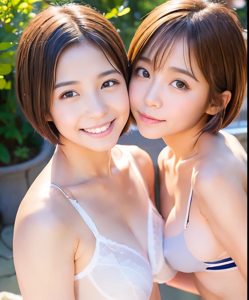 Very detailedな CG Unity 8k 壁紙, Highest quality, Very detailed, masterpiece, Realistic, Realistic, Very detailedな日本のかわいい女の子, (15 years old), blush, Round eyes, Thick eyebrows chest, Semi Body Shot,  High-resolution RAW color photos, Professional photos, Portrait of sexy girl、Anatomically correct body shape、Healthy body shape、Brown short hair、smile、(naked:1.5)、Write your hair、Front view、Show your side、Avoid the same pose、Two Girls、Selfie for 2 people,全naked,Full nudity、Outdoor、bright、A row of cherry blossom trees is visible、Taking a walk,In line、Commemorative photo、Embrace each other、Cheek to cheek、全naked、Full nudity、顔はbright