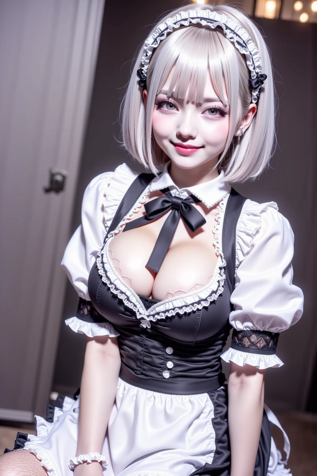 her clothes are transparent、Her breasts are very large、(((Heart mark to hide areola))、She wears a thin apron with small frills that hide her crotch.、She is wearing a small transparent ruffled curtain that hides her breasts。。。。。。、Torn clothing、A slight smil