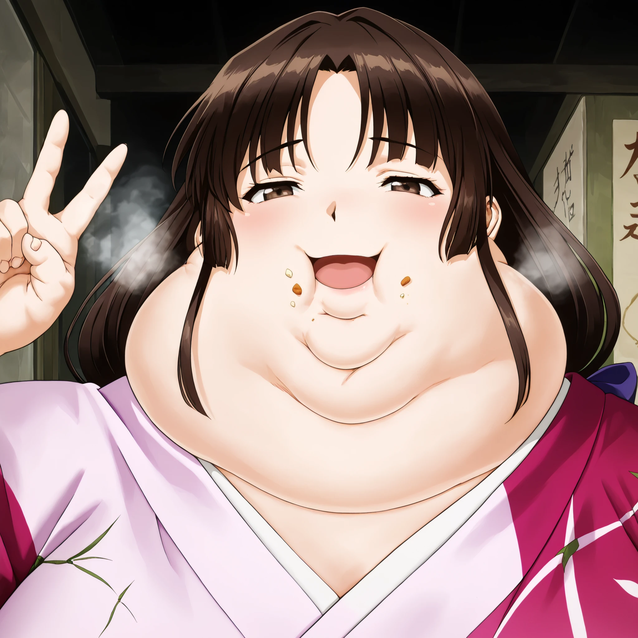 anime screencap, score_9, score_8_up, score_7_up, source_anime BREAK sango, 1girl, solo, brown hair, parted bangs, low-tied long hair, brown eyes, pink kimono, wearing a kimono
,masterpiece,best quality,amazing quality,bulging belly, fat, chubby, obese, open mouth, out of breath, absurdres, portrait, pov belly, swollen face, masterpiece, best quality, ultra-detailed, high resolution, 8K, food crumbs on face, half closed eyes, smile, v sign, peace sign