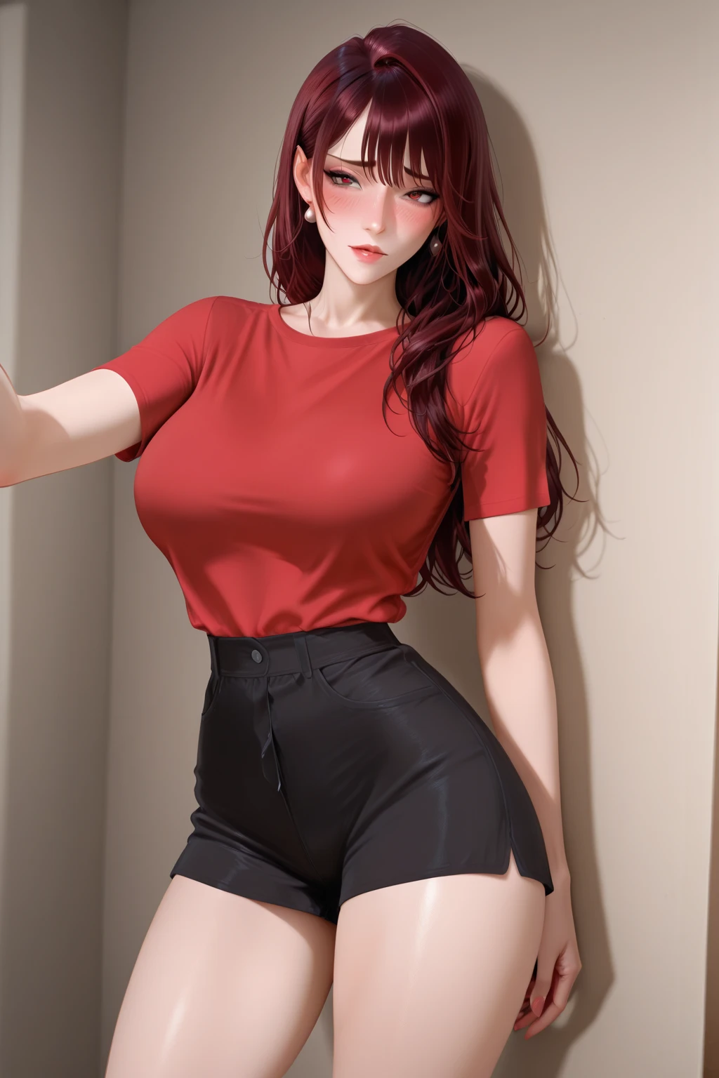 masterpiece,best quality,absurdres,photorealistic,mature female,sagging breasts,<lora:huizhen:0.6>,red_hair,long_hair,bare_shoulders,pantyhose,pencil skirt,