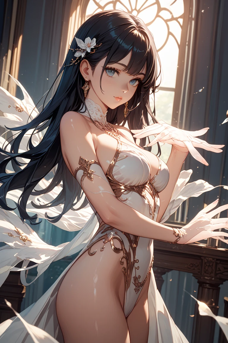 absurdres, RAW photo, extremely delicate and beautiful, masterpiece, Best Quality, ultra high resolution, 32k, hyperrealistic, ultra-detailed, perfect anatomy, anatomically correct, perfect figure, super Detailed skin, pale skin, 20 years old, very Slim body, narrow waist, very small head, very small face, delicate facial features, detailed face, detailed eyes, tearful mole, earring, thin legs, bare legs, ((very huge round breasts)), short medium hair, ((wavy hair)), wet clothes, full body shot, alone, fortune teller robes, in gipsy tent, skirt, face veil, robe, cloak, 