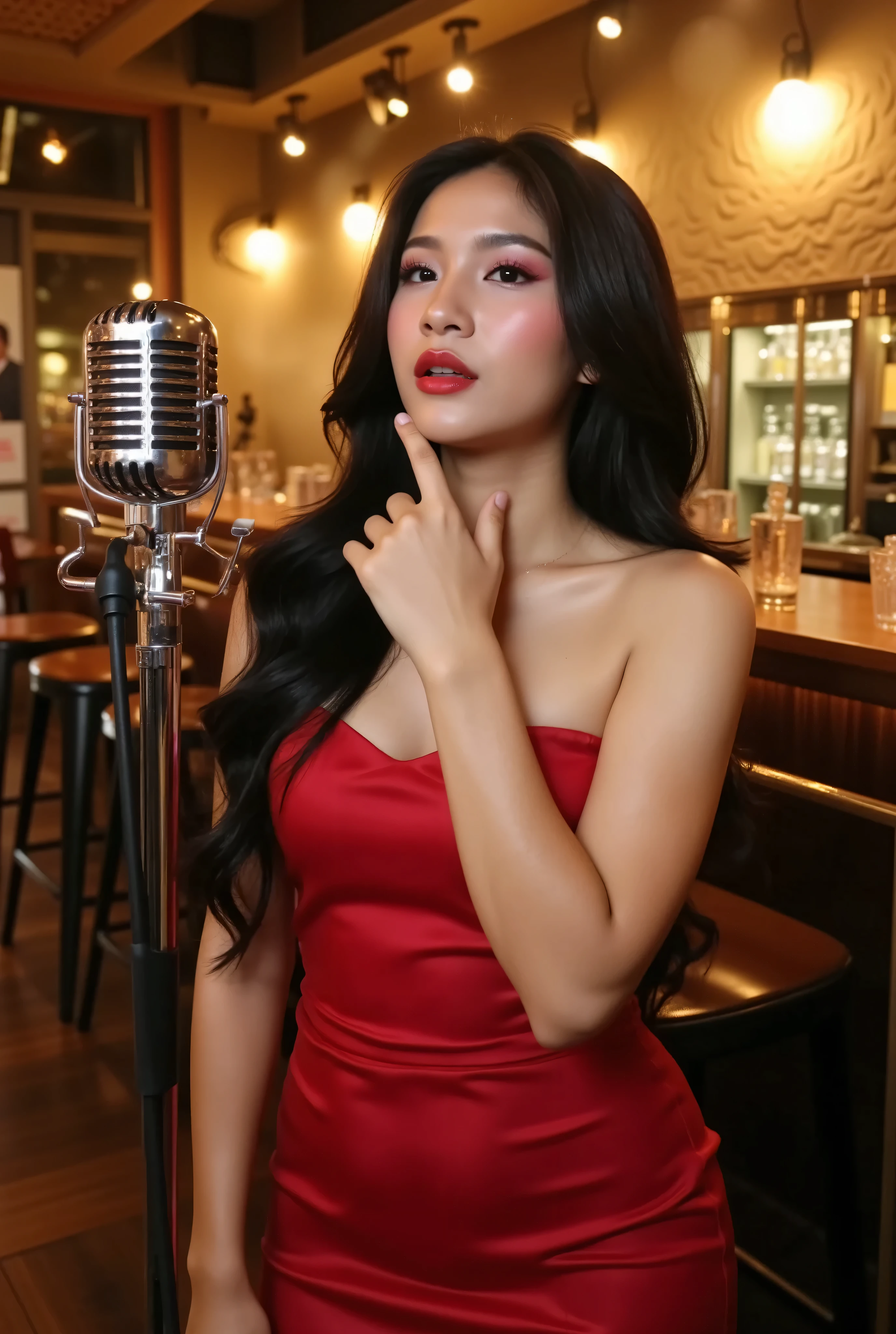 A stunning Indonesian female singer performing in an upscale bar, beautiful black long flowing hair, proportional curvy figure, wearing a glamorous red evening gown that accentuates her curves, standing confidently at a vintage microphone, warm ambient lighting, dramatic stage spotlights creating a golden glow, luxurious art deco bar interior with dark wood and brass details, crystal glasses catching light in the background, atmospheric smoke effects, shallow depth of field, professional photography, cinematic lighting, 8k ultra HD, high fashion editorial style, emotional expression, captured mid-song with passionate performance, golden hour lighting, soft bokeh, dramatic shadows