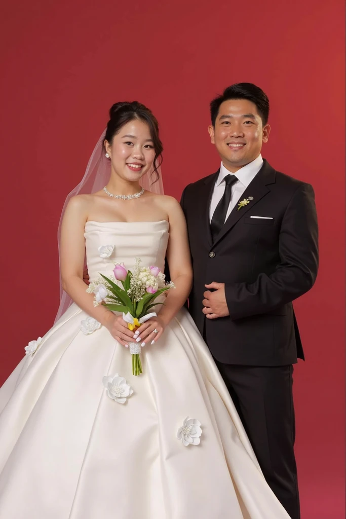 Asian man in a sad suit marrying a very fat woman, 4K