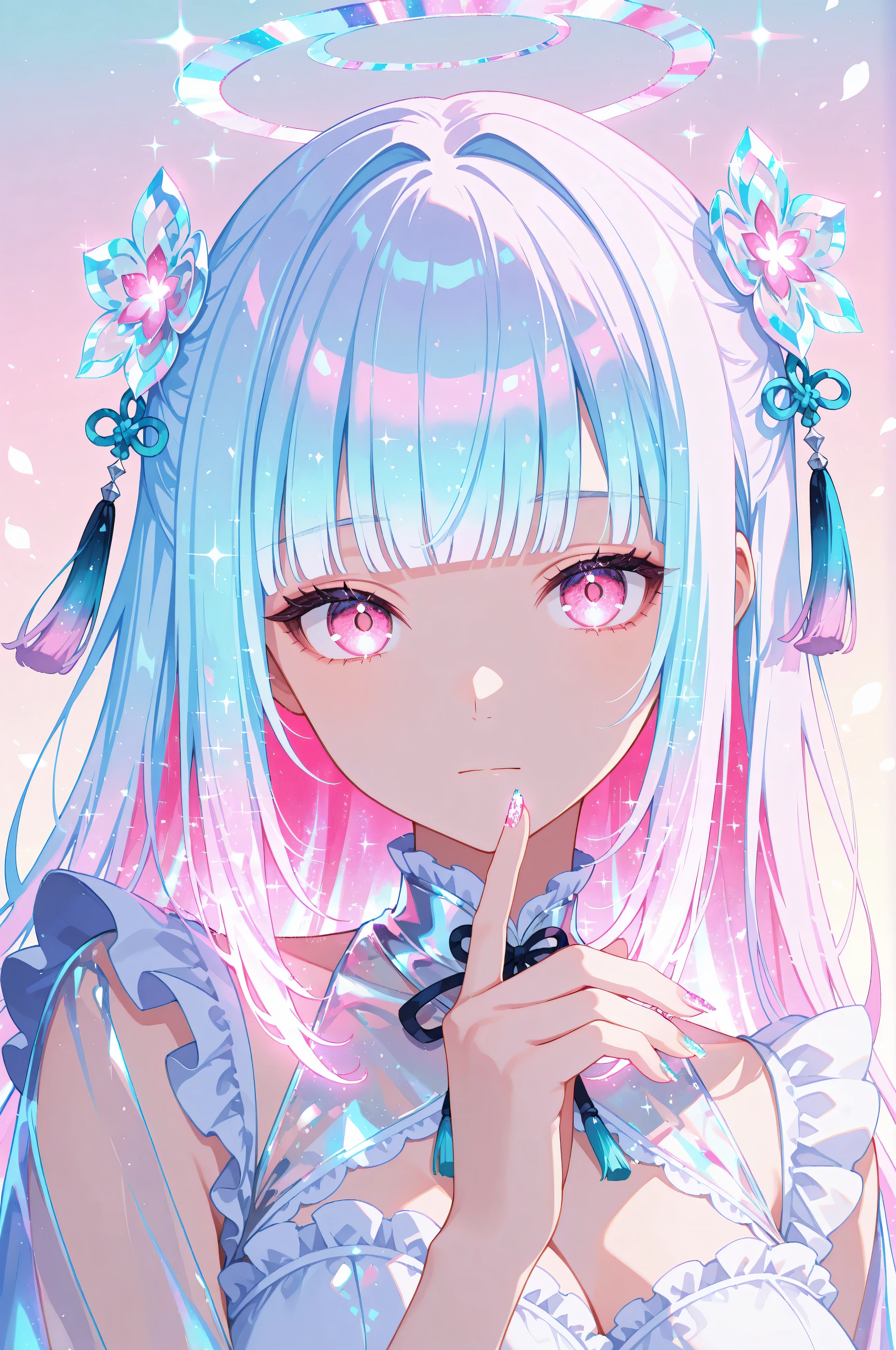 woman, solo, holofoil nails, looking at viewer, holographic, holofoil glitter, glowing, bangs, pink eyes, long hair, neon hair, glowing hair, hair ornament, hand up, flower, blunt bangs, closed mouth, tassel, ribbon, portrait, ethereal, pastel gradient background, frills, multicolored hair, upper body,