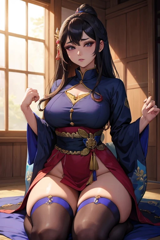 hinoa,minoto, Wearing a black dress, Intricate hair ornaments, Very large breasts, Cleavage, Knee socks, Big Ass, Tight waist, Soft belly, Soft Skin, ultra Realistic skin, Black Hair, Bangs hairstyle, Hair covering the eyes, Perfect Face, (blush:1.15), Smoky Eyeliner, Curl Mascara, eye shadow, Plump Cheeks, Fuller lips, (Grin:1.1), View your viewers, sunset, vision, Sharp focus, ultra Realistic painting, Realistic, masterpiece, Professional artwork, photoRealistic lights, hard lighting, Ultra-detailed textures, Super detailed hair, Super detailed face, Perfect Eyes, Topics on pixiv, hyperRealistic paiting, Fantastic realism, Ambient Occlusion, art gelm, Bare breasts、((Nipples are visible:1.3)),Open your mouth wide、Sticking out tongue、Erotic squatting、Squat、Open Leg、Fishnet tights、garter belt
