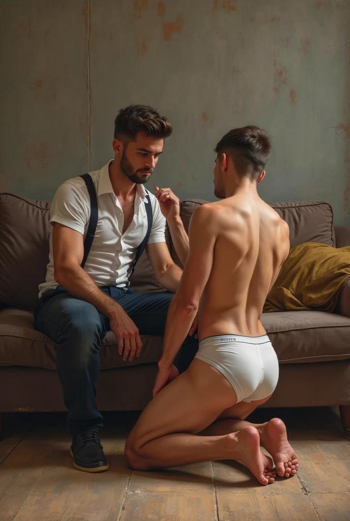 Young handsome cute beautiful skinny white face without shirt with cowboy in a bar with beer in his hand from behind with black jeans lowering his pants shows a part of his intimate butt sitting on an armchair cute face with a millionaire man who touches his butt