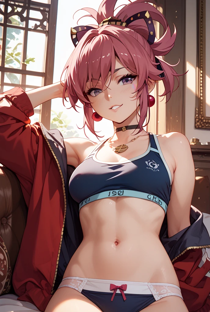 ((Best quality)), ((personage de manga)), ((cheveux rose,court, afro)), ((yeux rouge sang)),((simple book)), ((nez simple)), ((un regard dans le vide)), ((une peau ebène)), ((faisant du sport))