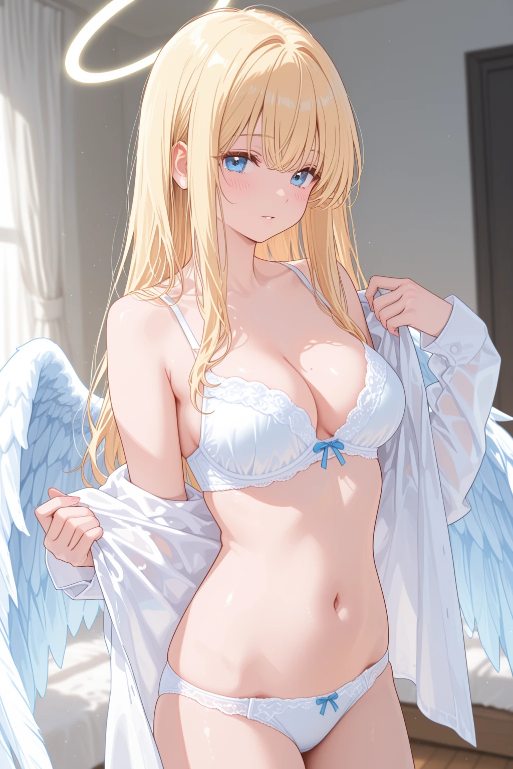masterpiece, best quality, ((Best Quality)), ((Masterpiece)), (detailed), perfect faces, blonde hair, blue eyes, large breast, sexy, nude, naked, nipple, cum in pussy, breast milk, angel wings, white wings, sexy, bed, (((nurse bra))), (((nurse lingerie))), (((nurse underwear)))