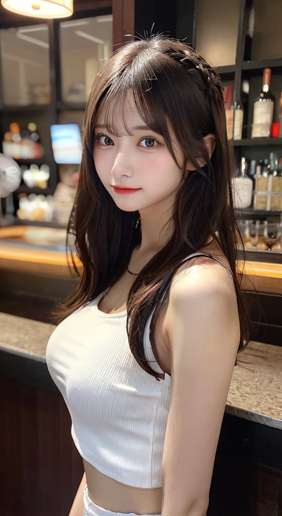 A very cute face like an idol、Looks like a young face、20-year-old female、Gentle and cute、A kind smile、((See-through clothes))、(((whole bodyの姿)))、Cleavage、A crowded bar、Cinema lighting、Natural light、whole body、RAW Photos、Genuine、High quality that is indistinguishable from real life、realism、Real Stick、High resolution、masterpiece