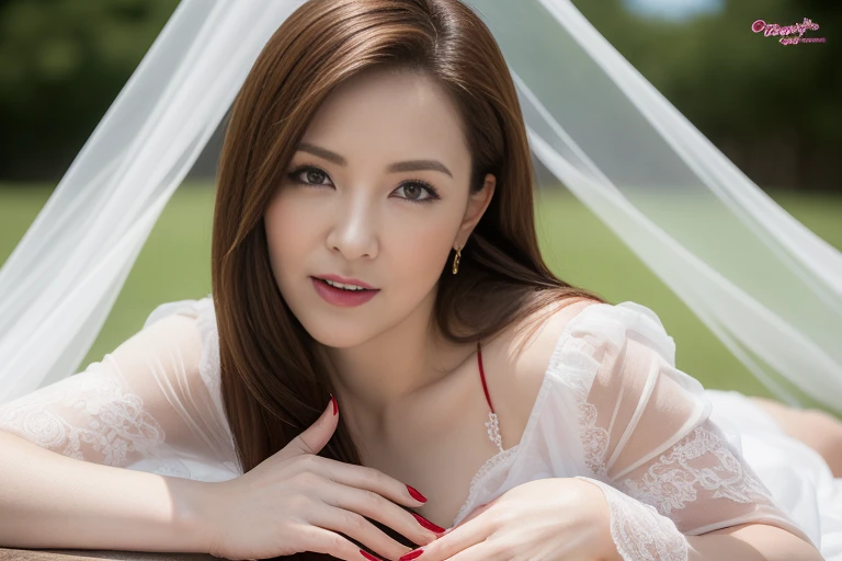 High definition，high qulity，25-year-old Chinese girl，8K, body（plumw），（（Natural expression）），white dresses，Sony lens，Flat viewing angle，With a smile，On a park bench，The neckline opens wide to reveal the white one（breastsout），Long hair with a shawl，Raised ，Tempting（ poses），Master masterpieces