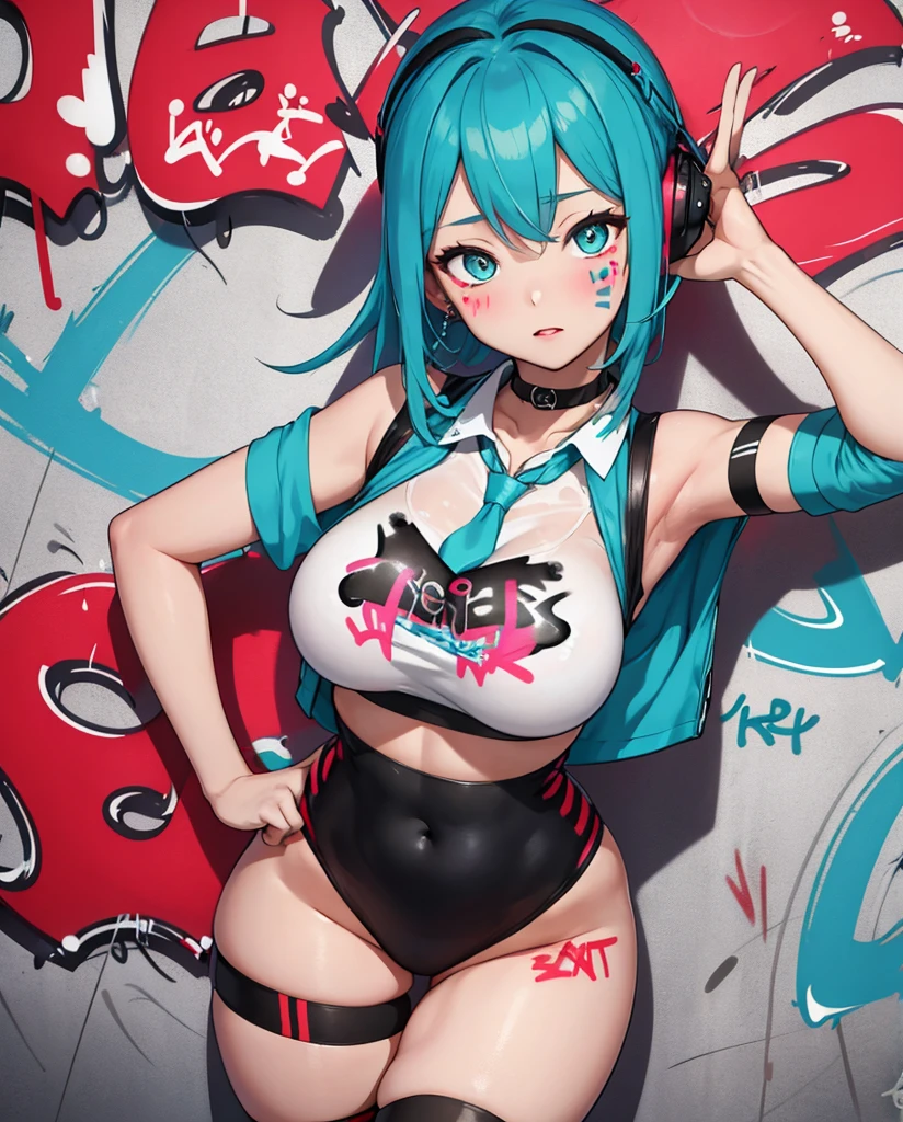 masterpiece, best quality, 1girl, solo, crop top, ((colossal cleavage, nsfw:1.3)), gym leggings, choker, (graffiti:1.5), paint splatter, arms behind back, (see-through clothes, nipples), against wall, looking at viewer, armband, thigh strap, paint on body, head tilt, bored, multicolored hair, aqua eyes, headset, peepshow, (((petting cameltoe)))