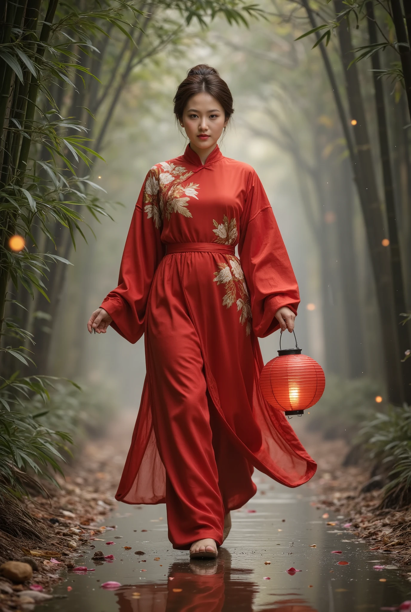 A woman dressed in a striking red traditional Chinese robe, walking gracefully through a serene bamboo forest. The robe is richly decorated with intricate floral patterns, blending shades of red, white, and gold, creating an elegant and refined look. The woman holds a traditional red lantern in one hand, which softly illuminates her path, casting a warm glow on her surroundings.
Her posture is poised and graceful, with her head slightly lowered in a gentle, contemplative expression. The movement of her body is reflected in the flowing fabric of the robe, which moves delicately as she walks. The scene around her features lush bamboo shoots and a scattering of flower petals, with soft, glowing orbs floating in the air, adding a mystical quality to the image.
The lighting in the image is soft and atmospheric, with warm hues from the lantern creating a contrast with the cool green tones of the bamboo and misty background. The ground beneath her reflects her movement, adding a serene touch to the image. In the background, the bamboo forest stretches into the distance, enveloping the scene in an ethereal, dreamlike atmosphere.
High-resolution image.,