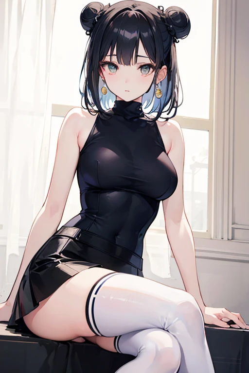 1 flight attendant, 独奏, , White high heels, white mini-skirt, tmasterpiece, Best quality at best, realisticlying, ultra - detailed, (shiny skins, perspired:1.4), absurderes, looking at viewert, with short black hair, with brown eye,Slender,Dynamic light and shadow,A high resolution,Sharp focus,depth of fields,The eyes are delicate,Sharp pupils,pupil realistic,(Rounded chest),(Long legs:1.4),squatting pose,black pantyhoses,cleanness,stocklings,blackstockings,Silk feet,black lence stockings,Perspectiveal,Black tights,Type M,Lifting skirt,Flip skirt,Fork legs,Split legs,Open legs,Pick shoes,low chest,cleavage,long leges,cropped shoulders