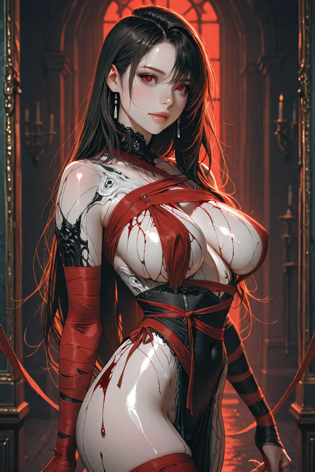 ((black latex bodysuit)), upper body, seductive look, blush, indoors, in office, looking at viewer, cloudy, moody lighting, (perfect detail eyes:1.2), glowing eyes, (Masterpiece, Best Quality, High Quality:1.4), professional artwork, Intricate Details, field of view, sharp focus, detailed painting, photorealistic lighting, trending on pixiv, (vivid lighting, vibrant colors:1.05), realistic shadows, ambient occlusion, (athletic body:1.3), mature woman, 30yo, hyperdetail eyes, beautiful eyes, (((solo:1.4))), semi-realistic hair, hyperdetailed clothes, (((beautiful red blood lipstick:1.3, beautiful red blood eyeshadow:1.3))),