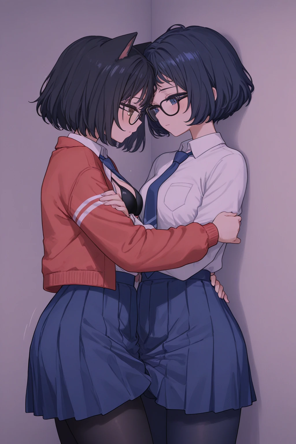 ultra-detailliert, Best Quality, High resolution, ((two cute girls with black hair)), Pretty eyes、Looking at Viewer, pale skin, Petite,( Naked sailor suit)、(I'm not wearing panties)、(flat chest), (Glasses), (blush:1.2), Blue eyes, An embarrassed smile, NSFW, knees up、Classroom、Focus on the face、