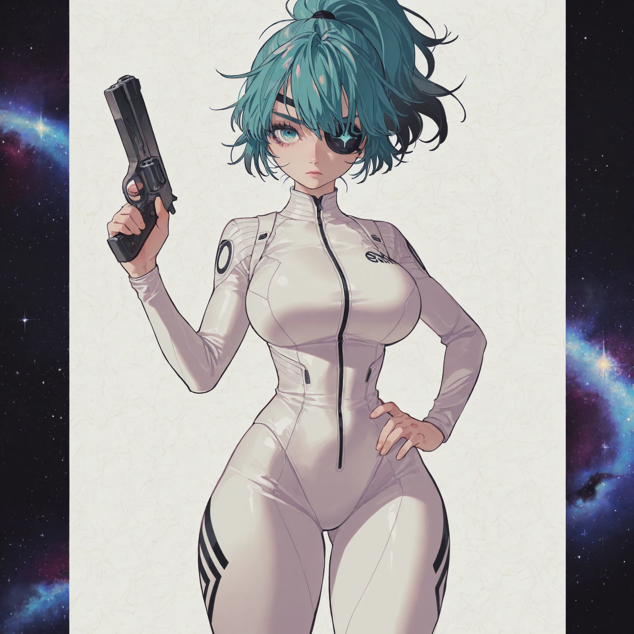 masterpiece, ultra-HD, impressionism, high detail, best quality, very aesthetic, 8K, best quality, beautiful, ultra-high resolution, 32K UHD, 4ki4k4ne_illu, 1girl, solo, short turquoise hair, high ponytail, turquoise eyes, black eyepatch, almond-shaped eyes, eyelashes, full lips, pink lips, big breasts, narrow waist, wide hips, thick thighs, shapely legs, slim, white one-piece tight suit, blushed, serious, bored, cute, hand on hips, holding a futuristic pistol, standing, looking at viewer, galaxy background, from the front view