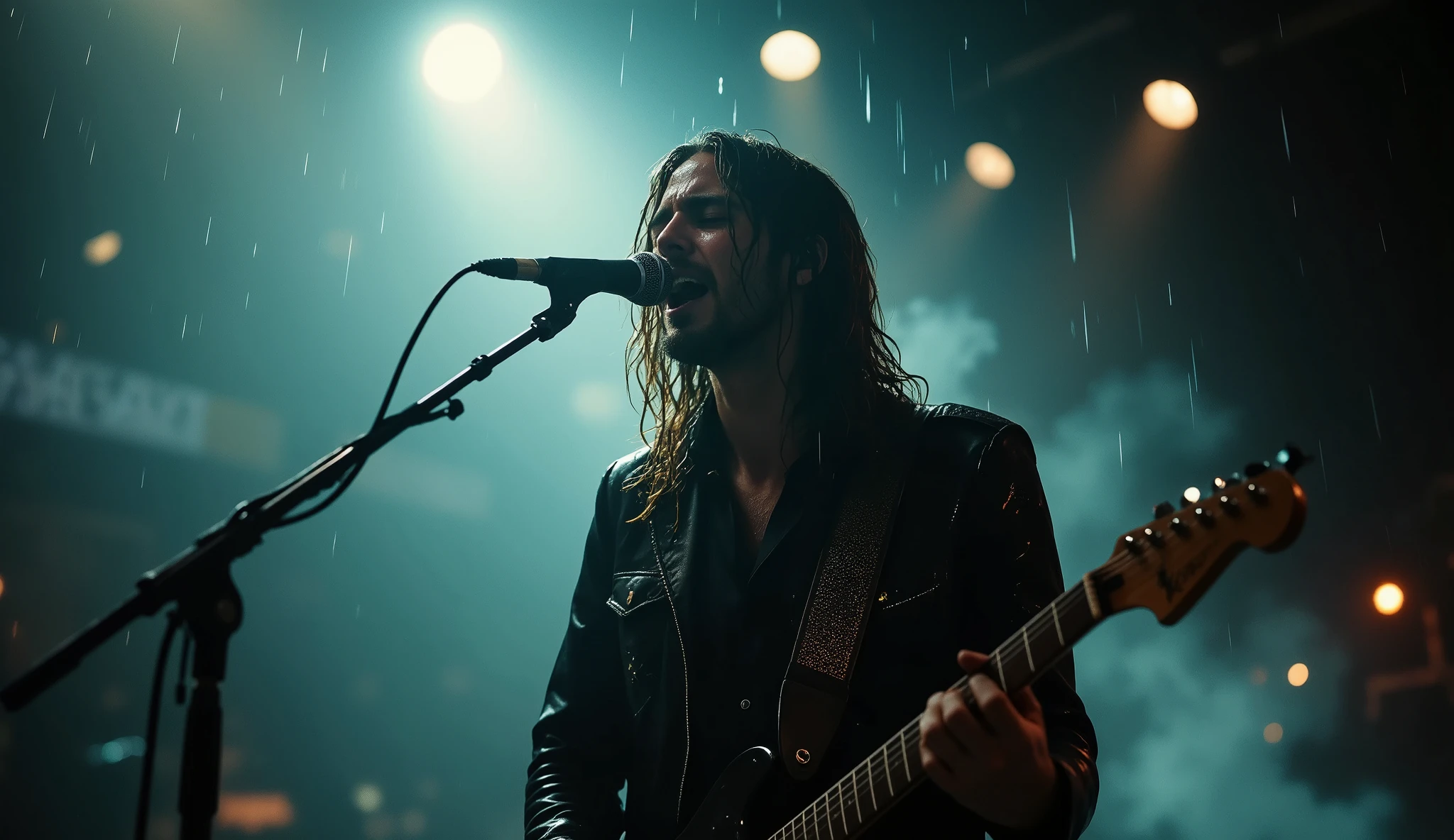 An emotionally powerful and cinematic medium shot of a long-haired young male rockstar standing center-frame in the rain at night, surrounded by soft glowing light that brightens the scene. He faces slightly toward a sleek vintage microphone stand, singing with his eyes closed and a pained, soulful expression. His soaked black outfit clings to his body as strands of wet hair partially cover his face, enhancing the raw emotion. He grips an electric guitar tightly while leaning into the mic, illuminated by multiple bright spotlights from above and the sides, creating a glowing, radiant atmosphere. Mist and soft smoke swirl around his lower body, highlighted by the light, while the rain falls gently like shining silver threads. The background is still dark but clearly visible, with a dramatic, emotional, and poetic intensity — perfect for a slow rock or blues album cover filled with heartbreak, loneliness, and vulnerability.