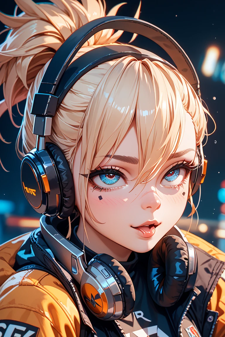 (high quality), (masterpiece), (detailed), 8K, Hyper-realistic digital illustration depicts the (upper body1.3) of a (Japanese woman1.3) with (vibrant yellow hair1.5) and (intense yellow eyes1.5) wearing a (futuristic kebaya1.2) with (intricate batik patterns1.2) inspired by Indonesian culture. Her (fantasy outfit1.2) is adorned with (glowing accents1.2) and (neon lights1.2), reflecting the modern and futuristic atmosphere. In style of Ash Thorp, trending on DeviantArt.