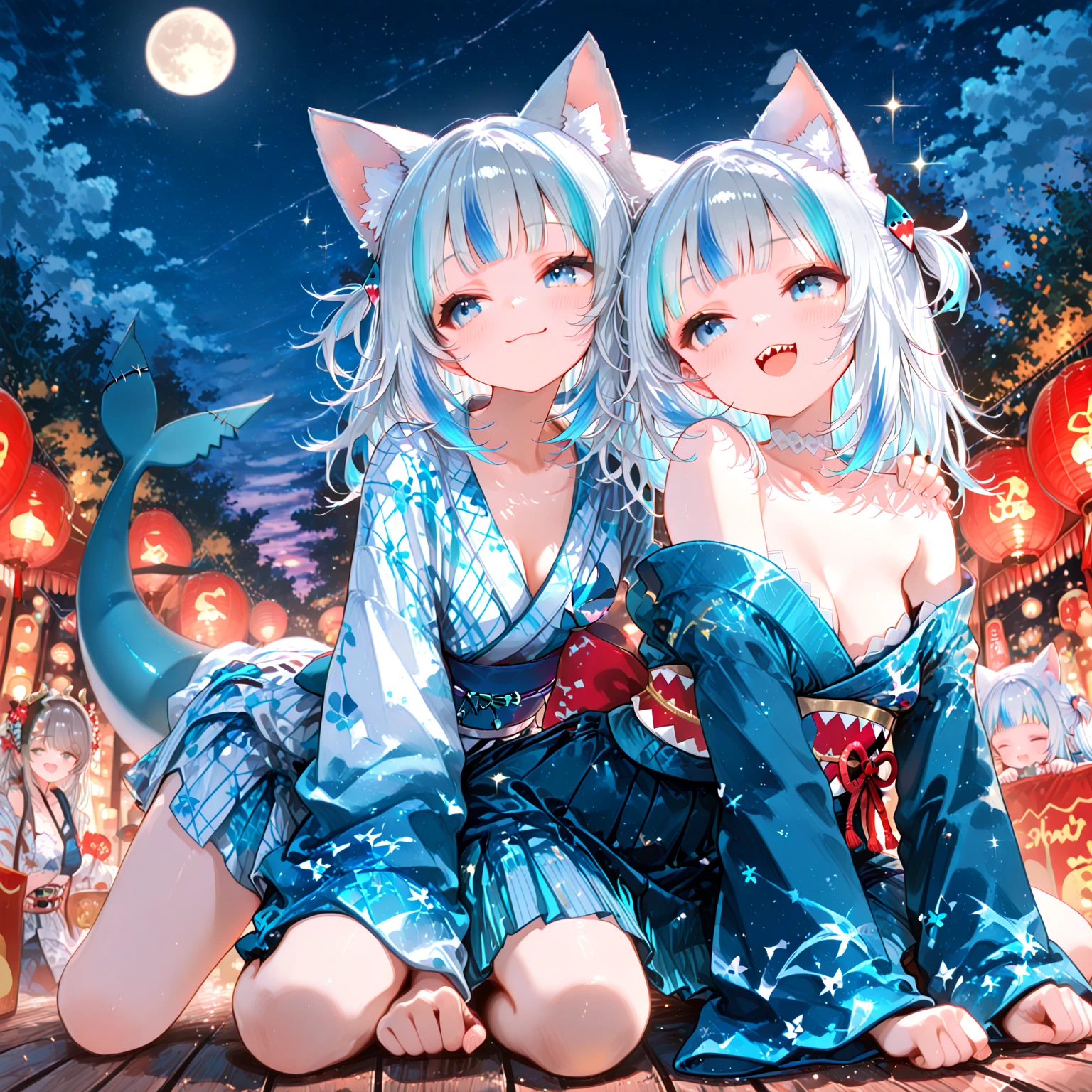 Masterpiece, top quality anime illustration, super detailed, two girls, silver-haired beautiful girl, anime loli, cat ear loli, short cheongsam, sleeveless, pale color pink see-through cheongsam and light blue see-through cheongsam in pale color, smile, bare skin lateral breast, thigh focus, cleavage emphasis, hot spring
