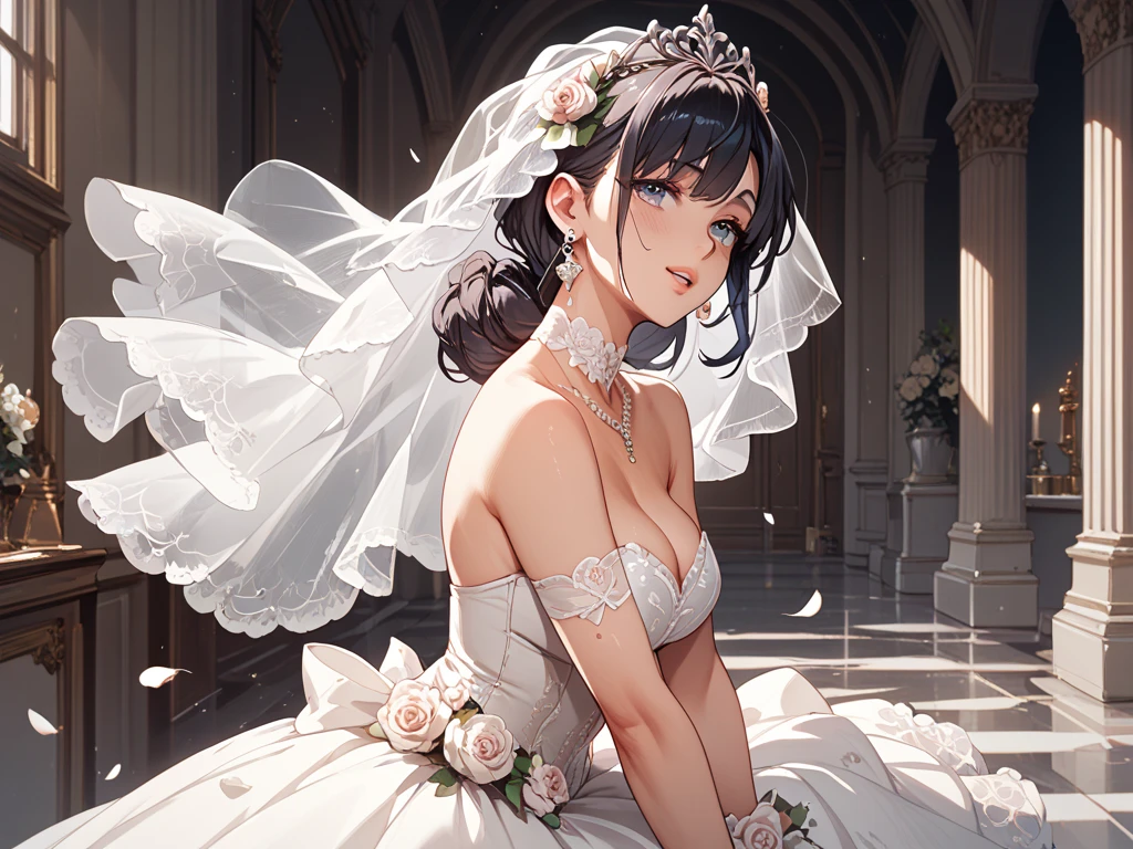 nozomitoujou, nozomi toujou, aichan, breasts, masterpiece, best quality, high resolution, extremely detailed face, good lighting, detailed CG, glossy lips, beautiful detailed eyes, wedding dress, elbow gloves, necklace, garden, bride, 1girl, full body