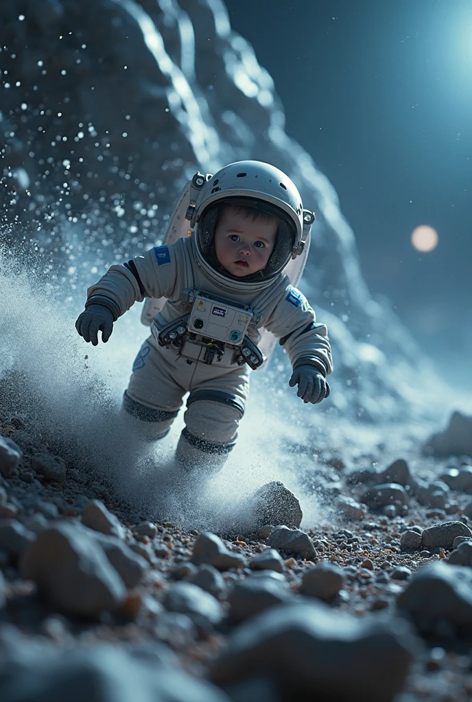 A  boy are running in moon with astronaut jacket