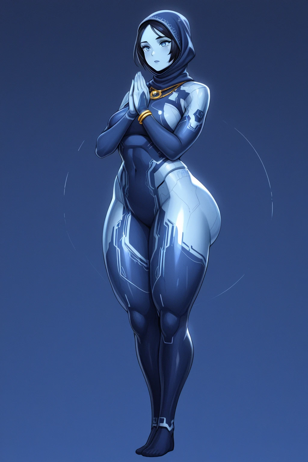 ((Radiant Aura:1.7)), 8k ((back view:1.7))((gigantic thighs:1.8)) (gigantic ass:1.6),(large eyes:1.3), defined cheekbones, ((looking back:1.4)), ((the pit style:1.4))((sleek chrome bodysuit:1.6)) ((zentai bodysuit:1.4)), ((visor))((intricate metal details:1.4))detailed face:1.5), lightblue skin,(puffy lips:1.5) (lightblue skin:1.6), (bald woman:1.7), (skinhead) ((sexy pose)),(Muscular:1.3), (((gigantic breasts:1.6))), )highly detailed, majestic, digital photography, art by artgerm and ruan jia and greg rutkowski, ((metal shoulder pads:1.2)), (masterpiece), sidelighting, intricate details, black and blue color palette
