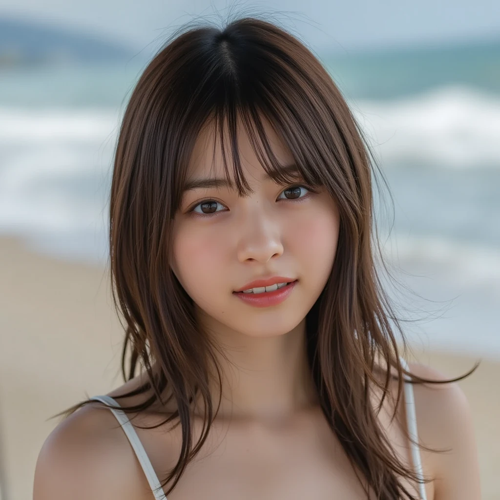 Upper body photo from the knees up、(((Shiny skin:1.5, Light Skin: 1.5, Glowing Skin, 非常にGlowing Skin, Glossy body)))、((Big Breasts))、Sharp Photos、８K quality、 NSFW、Highest quality、Realistic images、Exquisite detail、Ultra-high resolution、8K、Summer sunshine、Professional Lighting、25 year old Japanese woman、(Amazingly cute:1.2)、A sophisticated eye、((Brown eyes))、(Brown Hair)、From below、((from the front))、((Beautiful tropical Shirahama Beach))、Inviting eyeature look、Sweaty skin、The lower breast is protruding、