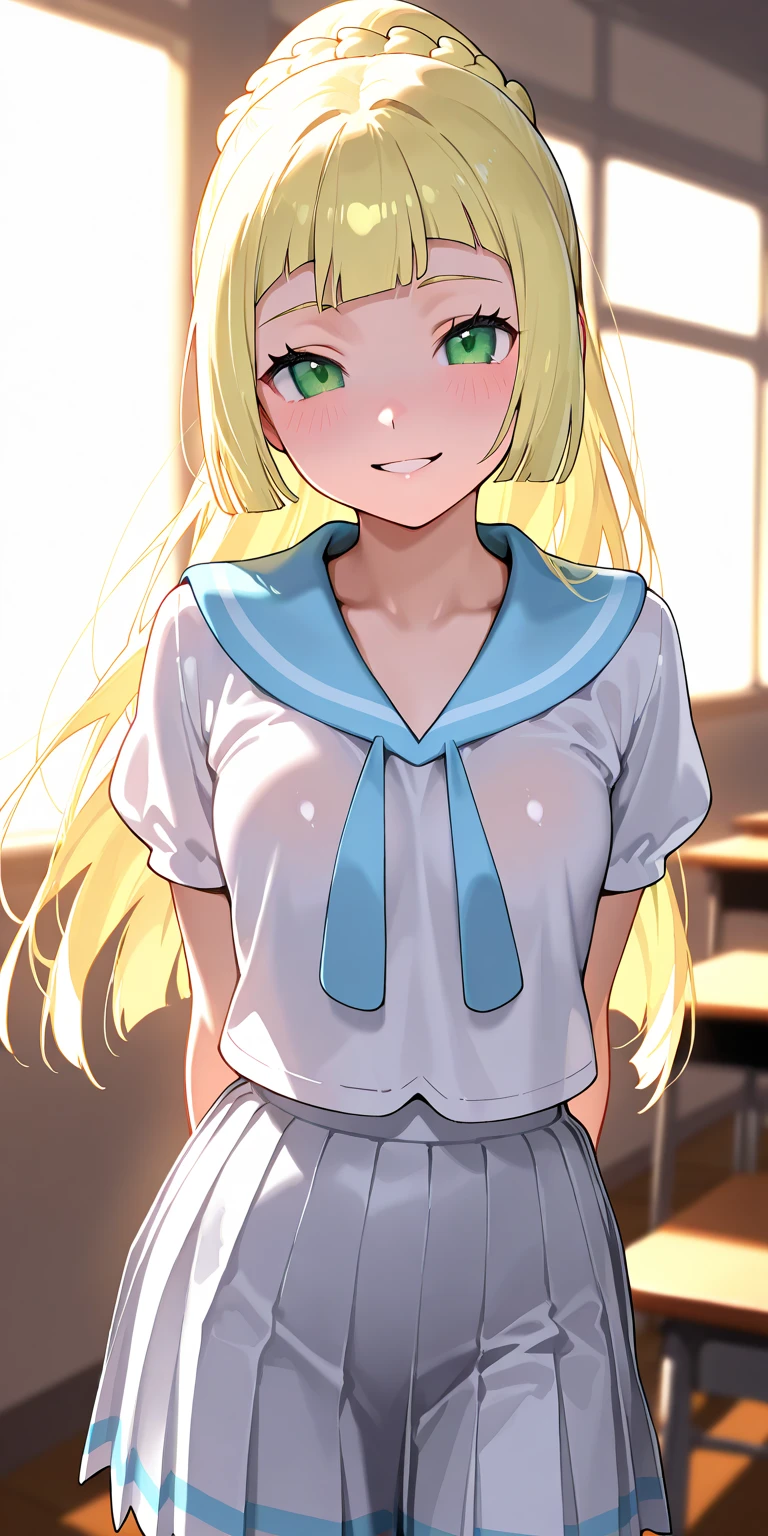 ((best quality)), ((masterpiece)), (detailed), perfect face, 18yo teen girl, skinny waist, skinny thighs, crowded school, braid, (blushing:1.3), dark blue pleated skirt, (((embarrassed:1.5))), (((topless))), ((slender body)), small breasts, ((bare neck)), ((blonde)), walking, (((only one naked)))