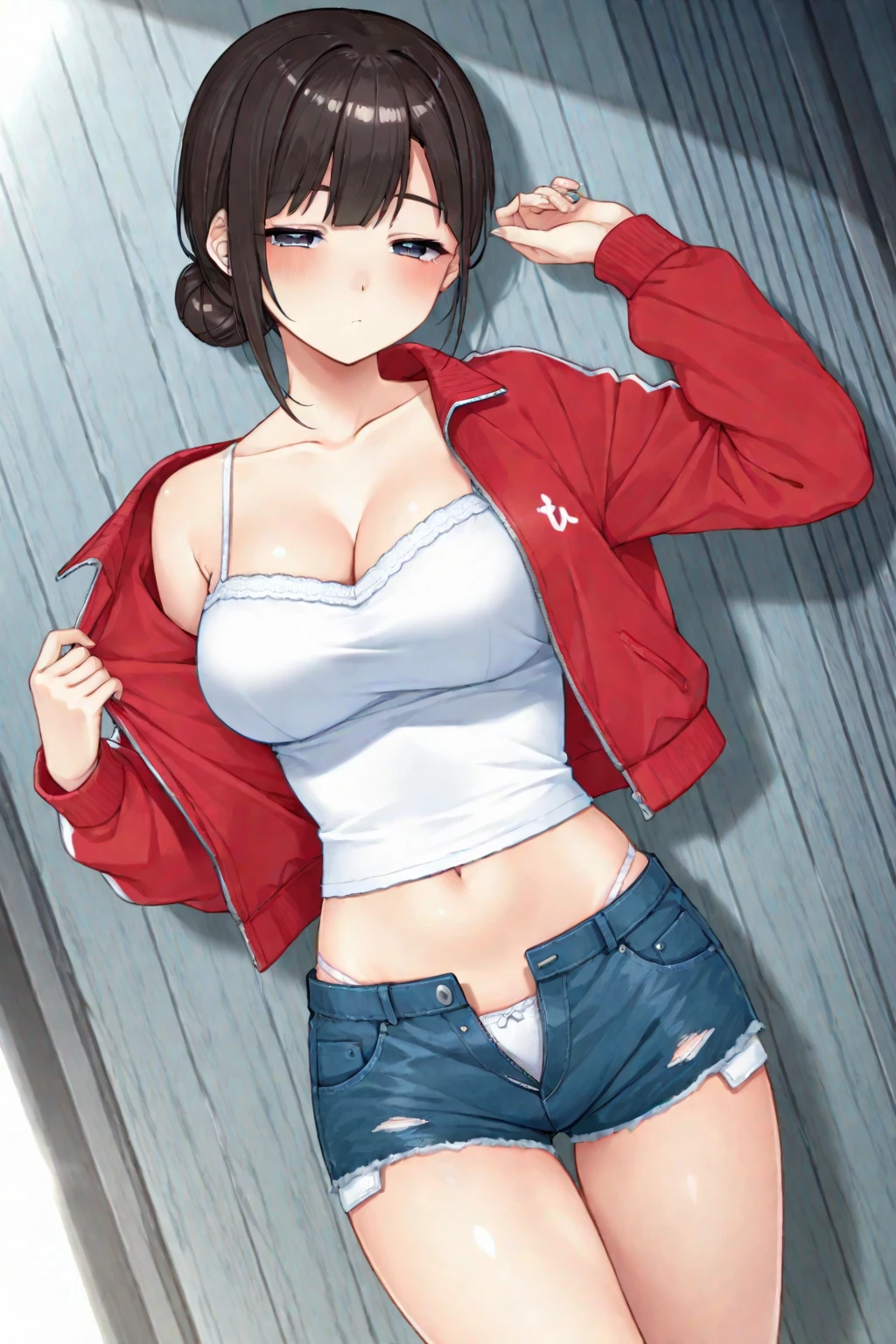 brown hair,blue eyes,short hair,Double tail,red headscarf,Red race swimsuit,Xiaoyao【Pokémon】blush,Smile,big breasts,Denim shorts,bedroom background, standing, idle