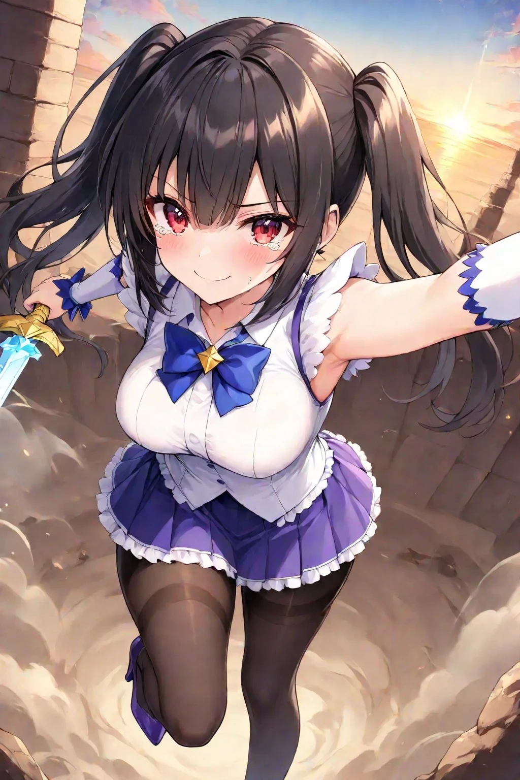 masterpiece, best quality, extremely detailed, anime, girl, skirt, sword, girl, shorthair, ahoge, mini skirt, black hair, purple eyes, idol, foreshortening, night sky, star, starry sky, smile, standing, sword fighting