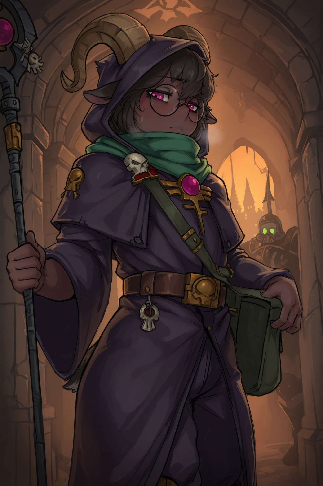 Drunkr3mbr4ncer, krekk, masterpiece, best quality, amazing quality, very aesthetic, high resolution, ultra-detailed, absurdres, newest, scenery, warhammer 40k, ((MALE)), ((ONLY MALE)), solo, 1male, young man, twenty year old youth, solo, skinny voluptuous physique, goat ears, small goat horns, goat tail, black hair, dark skinned color, dark skin, ebony, pink eyes, round glasses, hood, psyker robe, trousers, green scarf, hold psyker staff with an eye-shaped top, belt with bag, shy, looks at the viewer, psyker-magic shop background, quality background, BREAK,