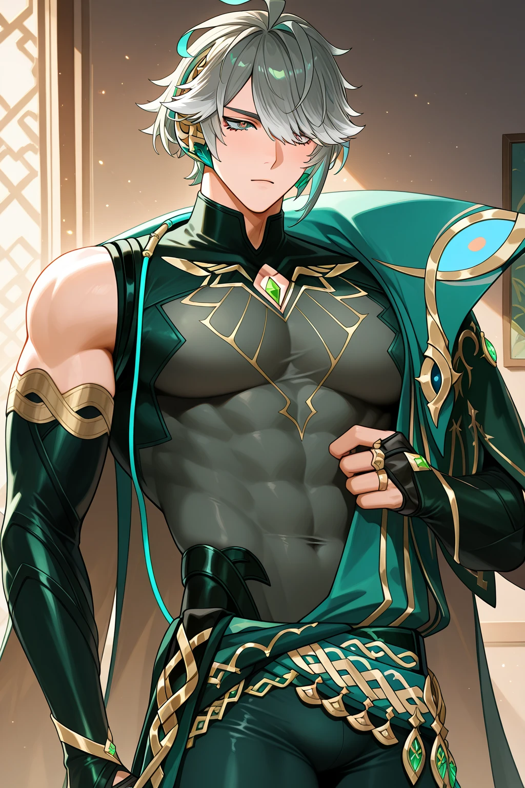 1boy, 16~20 years old, male focus, muscular male, nsfw, 3D, realistic, indoor, normal hue, central, golden ratio, sitting on the leather throne, sharp-featured body, tall, burly, highres, slender build, perfect anatomy, skin texture, thick dark buzzcut hair, see-through bangs, shallow eyebrow, symmetrical eyebrow, large bright eyes, symmetrical eyes, square gold-rimmed glasses, big straight nose, closed mouth, double-edged polearm, broad shoulders, noble attire, bdominal stretch, tight-fitting, dark green leather half-shoulder cape, dark leather sleeveless shirt, leather gloves, black trousers, spreading long thin legs, <lora:OnlyCocks_v1.0:0.5>, large erect penis over 10 inches length and 3 inches width, erection, large scrotum with testicles, masturbation, high-heeled leather boots, soft smile, handsome, powerful, from front, looking ahead at viewer, day, masterpiece, best quality, hyper-detailed, intricate detail, professional photography, matte, bright, the most beautiful ever seen, post processing, dreamatic lighting, ambient lighting, epic composition, ultrawide shot, uplight, raytracing reflections, depth of field, gorgeous background <lora:3.GenshinImpactAlhaitham_v1.0:1>