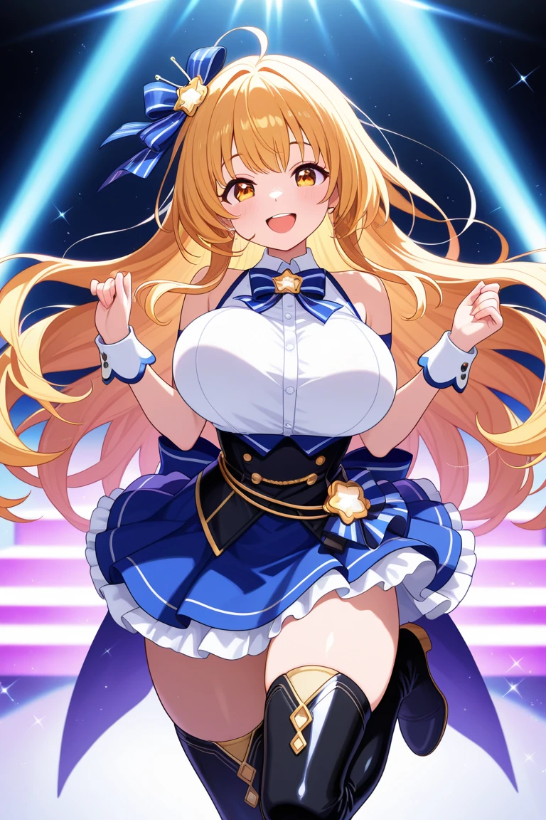 KAGAMINE RIN, long HAIR, BOW, blonde hair., large breasts,, Live Stage, solo , nsfw