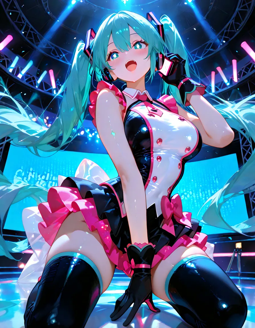 (((top-quality)), ((masterpiece)), Pitch Resuit、((Colossal tits:1.5))、goth_punk, 1girl in, 独奏,、top-quality, Photorealistic, An ultra-fine illustrations, beautiful attractive anime girl, miku hatsune, Slender , Tied hair, twintail 、one girls, a photo of girl, Full body shot, Beautiful blue eyes, Turned,、Puffy nipple、ONE PIECE mini skirt dress racing uniform 、sobbing tears、 (see -through)、kneehighs white、panty shot、(cum in pussy vaginal:1.2)、cum in mouth.、racing circuit、crowd Being watched、(G-string :1.3)、Open lips、 ssmile