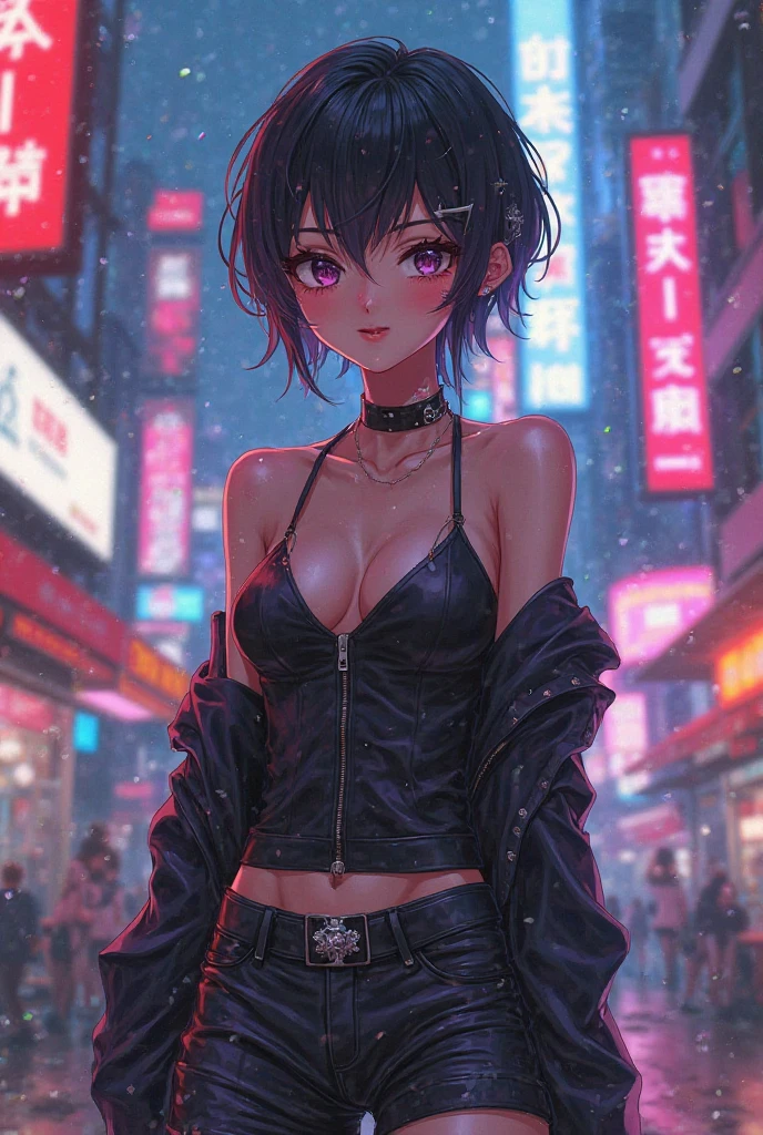 An anime character: Woman with oriental tattoos. Her hair is short and straight black.. She is wearing a black bra and a black kimono.. Ao fundo, a cyberpunk setting full of neons.
