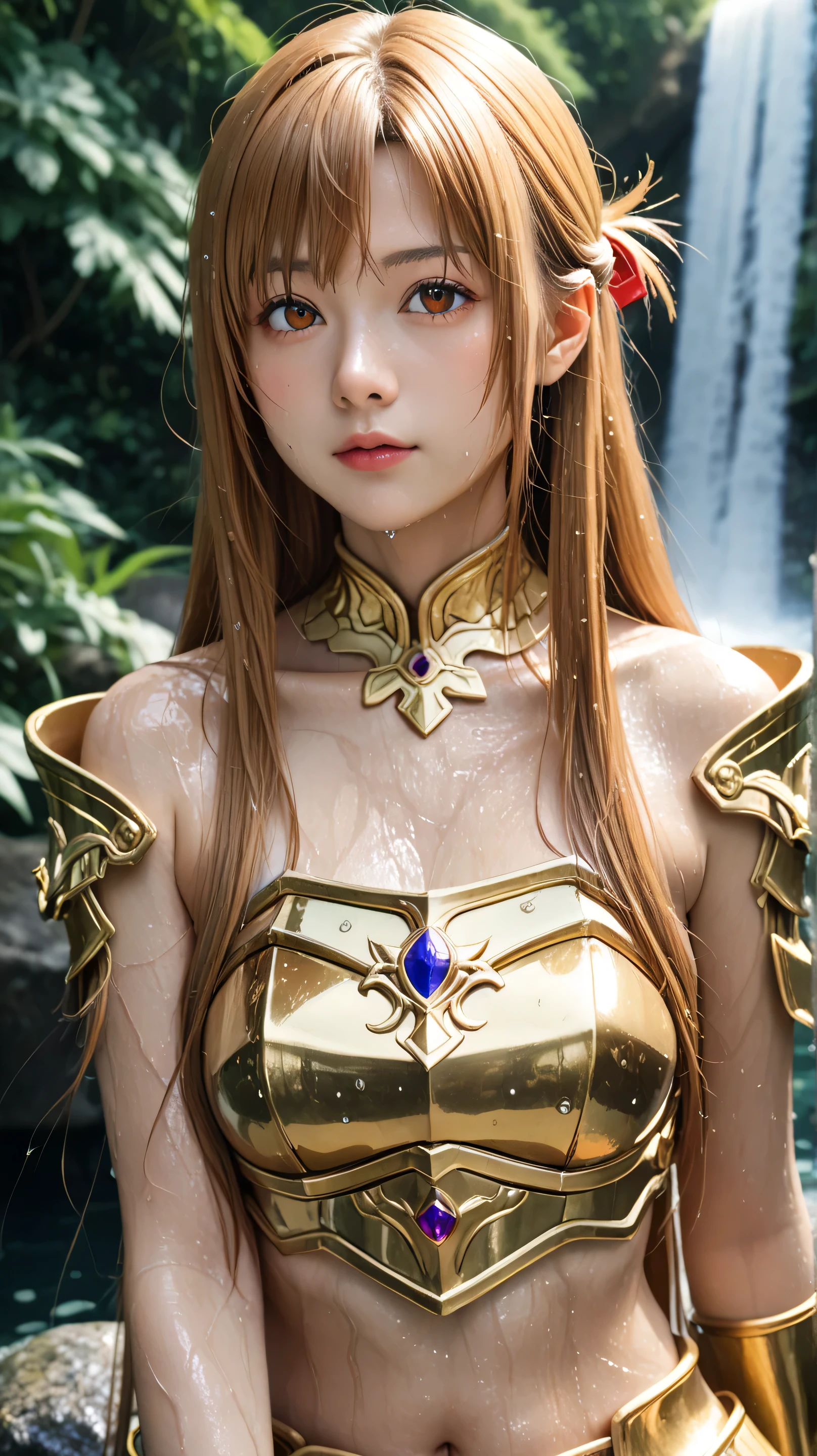 1girl, solo,asuna yuuki,orange eyes,outdoors,potrait,forest,medium breast, navel,(waterfall background:1.4),uder waterfall,(wet body:1.5),(Bangs:1.3),(wear gold armor:1.5),parted bangs,close up,sitting on Boulder,hair ribbon,long hair