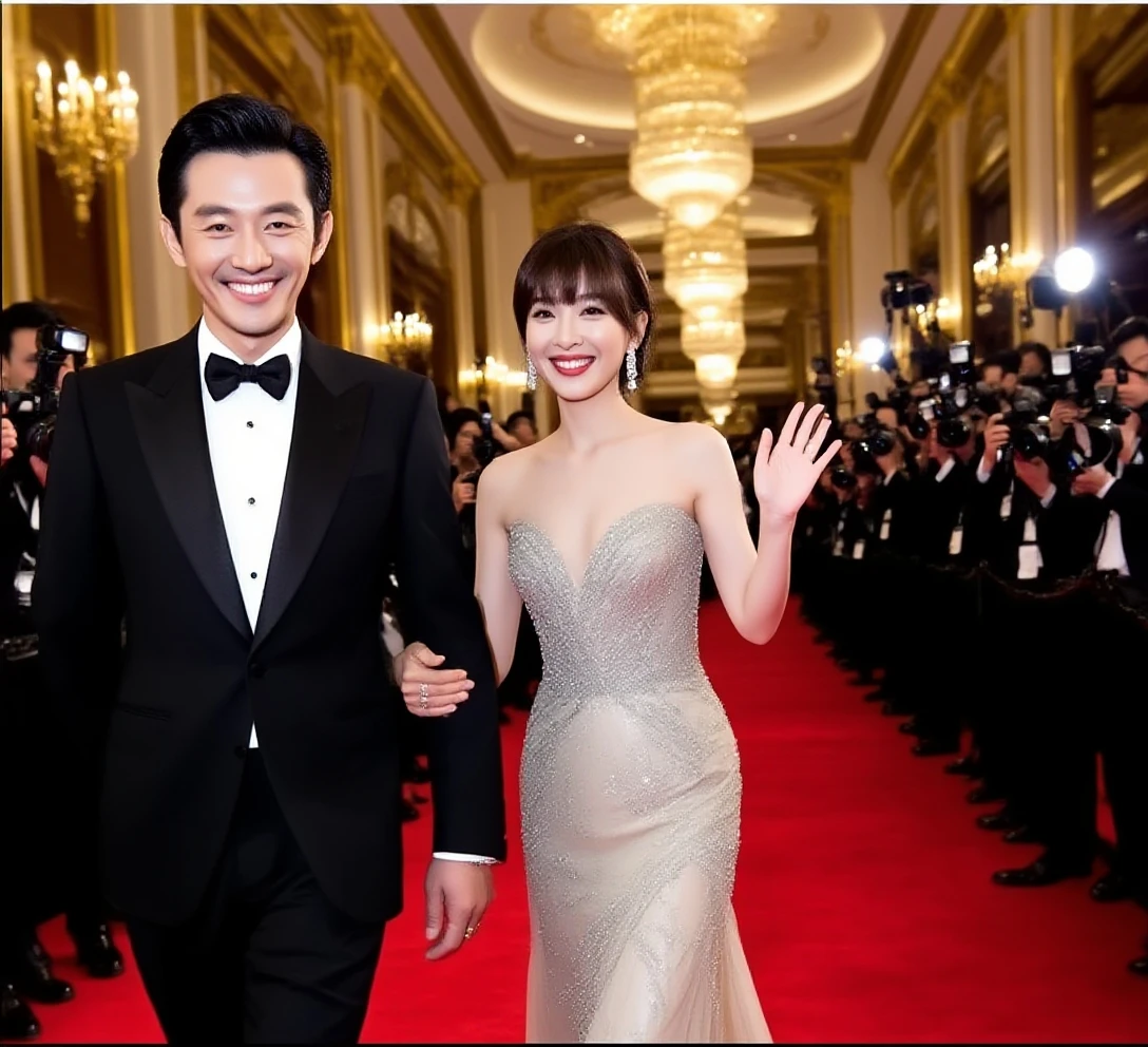 Mature beauty VN03, 1 charming, (Smile:1.2) stunning beautiful wife, 20 years、 High_fashion, designer dress, 2 beautiful adults posing for photo, fashion excellence, game_north african trade zone, angry, crazy, dark red eyes, Light brown delicate medium and short hair，The ends of the hair are wavy，elegant hairstyle, catwalk \(aisle\), , rich and colorful, bright colors, Body proportions，(Sexy silk dress:1.2), rest black long hair, rest (ceremony, Red carpet, large crowd:1.5),, best quality, absurd, best quality, stunning details, 8k, Aesthetic,