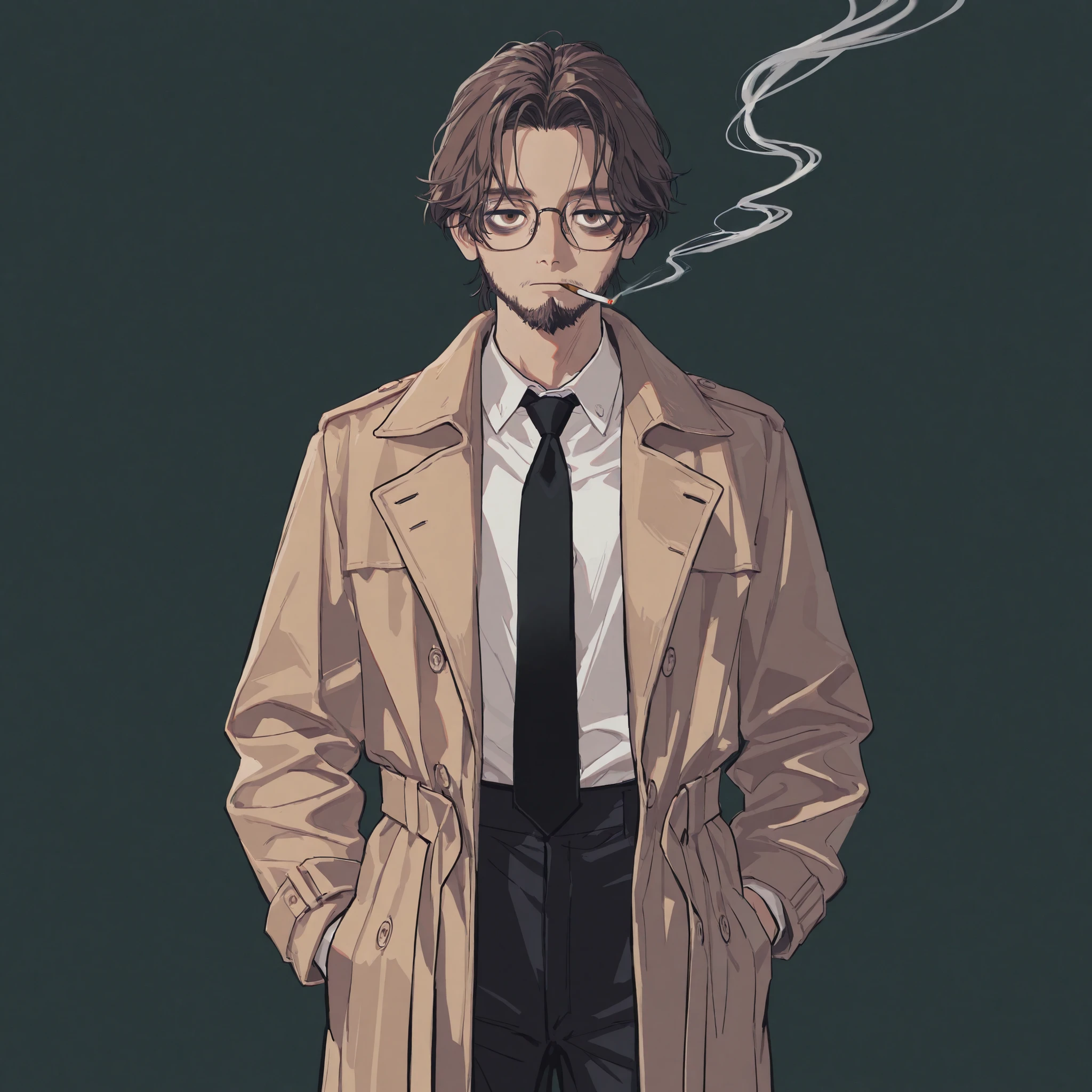 masterpiece, ultra-HD, impressionism, high detail, best quality, very aesthetic, 8K, best quality, beautiful, ultra-high resolution, 32K UHD, 4ki4k4ne_illu, 1man, mature man, solo, short messy brown hair, brown eyes, bags under eyes, toned, slim, scruffy beard, short beard, glasses, white buttoned shirt, black tie, brown trench coat, black pants, smoke, cigarette, expressionless, hand on pockets, standing, looking at viewer, simple background, from the front view
