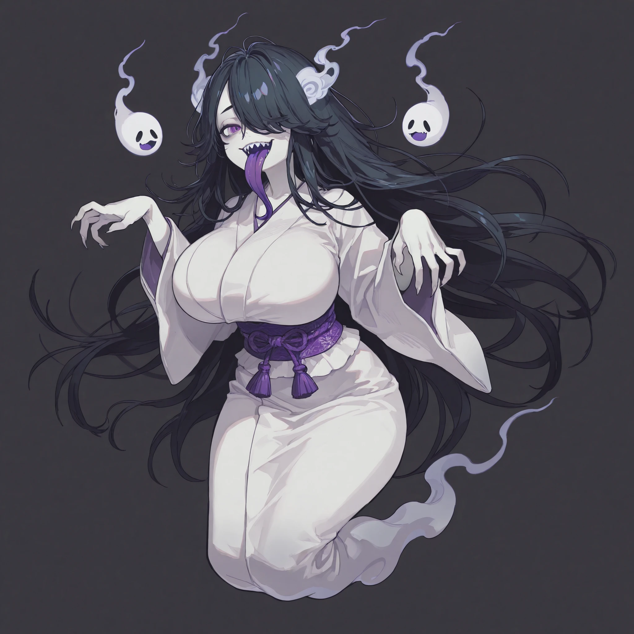 masterpiece, ultra-HD, impressionism, high detail, best quality, very aesthetic, 8K, best quality, beautiful, ultra-high resolution, 32K UHD, 4ki4k4ne_illu, 1girl, solo, monster girl, ghost, ghostly, transparent, very long black hair, hair over one eye, purple eyes, pale skin, white skin, sharp teeth, sharp nails, huge breasts, narrow waist, wide hips, thick thighs, white kimono, purple obi, ghost pose, ghost, purple tongue, long tongue, open mouth, smug, cute, looking up, floating, full body, looking at viewer, simple background, front view