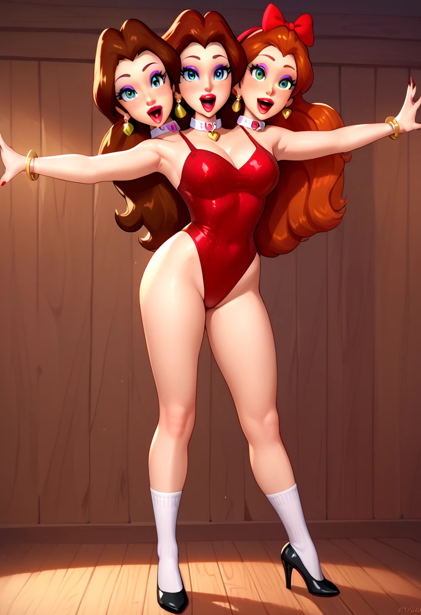 STICKER, A detailed illustration of a vivid Sexy Princess Daisy from Mario naked, bare breasts, face view, ass view, side by side, Solo Female, medium breasts, full cleavage, Full Body View, high heeled boots, legs wide apart, hands behind her back, vintage t-shirt design, in the style of hand drawing, 3D vector art, fantasy art, watercolour effect, Adobe Illustrator, hand-drawn, digital painting, low-poly, soft lighting, isometric style, retro aesthetic, focused on the character, 4K resolution, photo realistic rendering, using Cinema 4D,