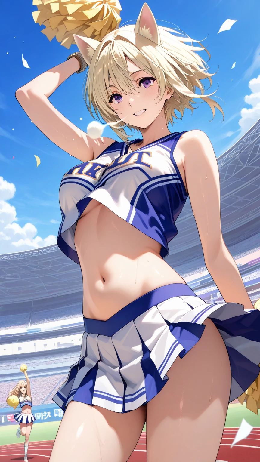 irohaisshiki, iroha isshiki, short hair, brown hair, (Brown eyes:1.5), smile,happy smile, smile, Open your mouth,(cheer leading), (whole body), Big Breasts, Lower, (Sweaty), Sweaty Wet Clothes, (Yellow clothes),No sleeve,Yellow pleated skirt,sneakers , Belly button support, playground, (Jump), (Jump), 足を曲げてJumpする, air, blue sky, Grass原, smile
チアリーダー, Pom-pom \(cheer leading\), Grass, smile, whole bodyがイラストに入るように,
break outdoors,Stadium,
break looking at viewer,whole body,
break (masterpiece:1.2), Highest quality, High resolution, unity 8k wallpaper, (shape:0.8), (Fine and beautiful eyes:1.6), Highly detailed face, Perfect lighting, Highly detailed CG, (Perfect hands, Perfect Anatomy),