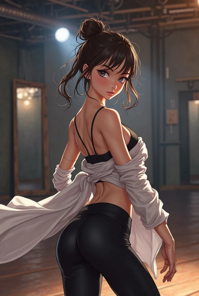 1 alone Beautiful angry anime girl, breast size 70, height 160, light brown eye color, short brown hair, almost big thighs, narrow waist, almost elongated face,   almost big ass, small nose, three ear holes, lips almost Prosthetics, Men's T-shirt  , smile ، Persian shawl around the neck 