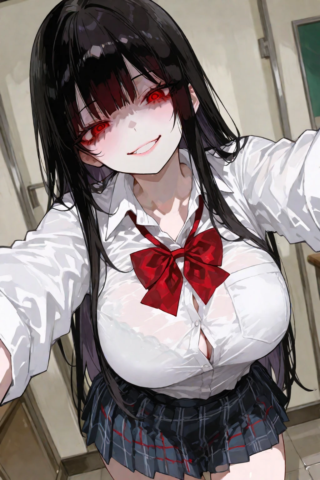 Justice Helltaker: An adult female demon, blind, with black glasses, with red gloves, with small horns, red bow in her hair, white hair, with a red blouse, black tie, black coat, large breasts, and very sexy